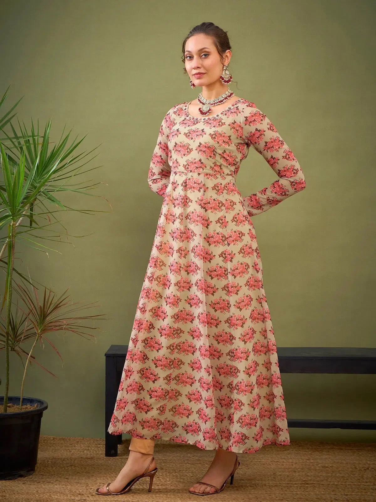 Beige Floral Anarkali Kurta for Women - Elegant Anarkali Dress