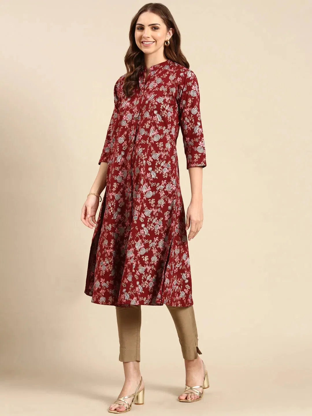 Maroon Printed A-Line Kurta | Indian Kurtas for Ladies