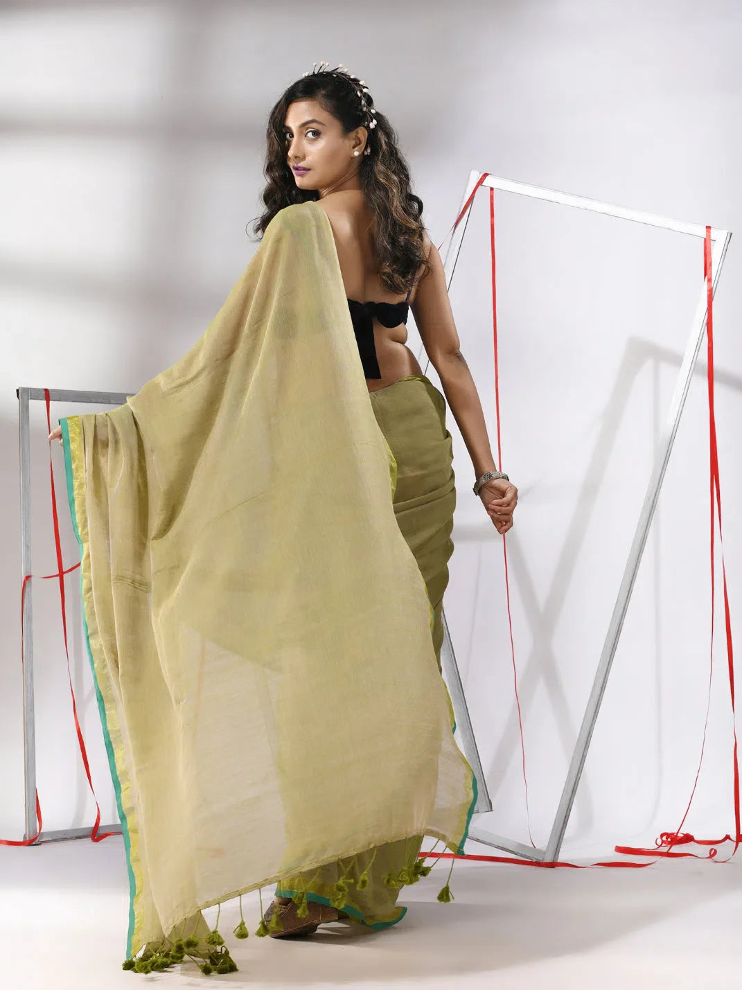 Sap Green Cotton Saree - Indian Sarees with Zari