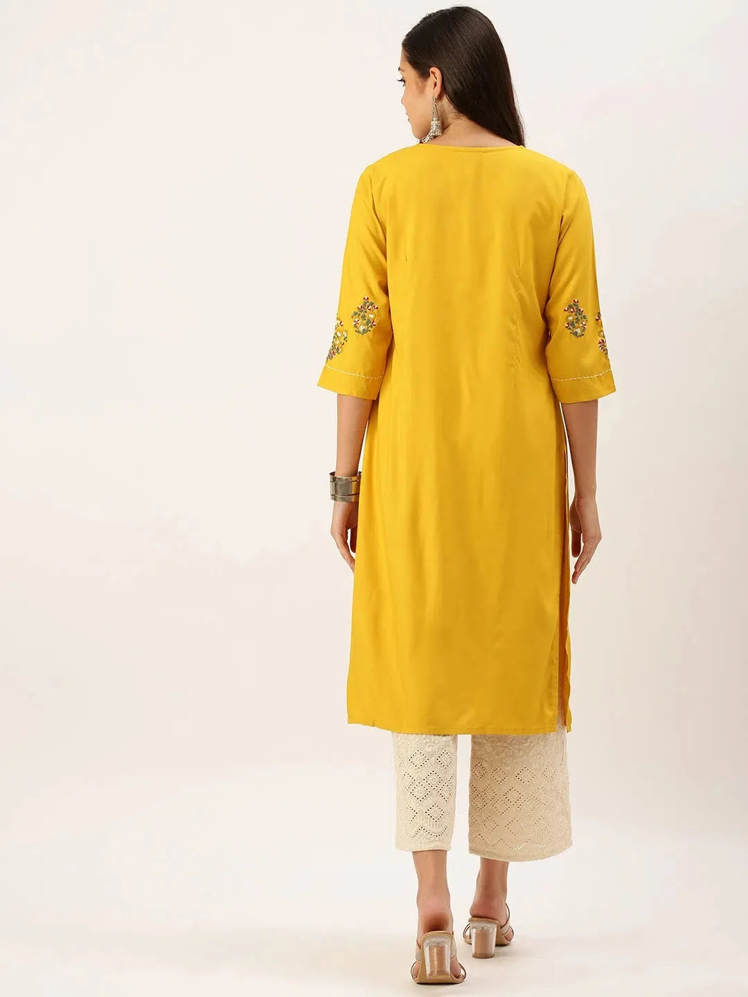 Mustard Embroidered Straight Cotton Indian Kurta for Ladies