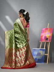 Pear Green Silk Banarasi Saree With Zari Woven Floral And Paisley Designs-MA52BSL441050031