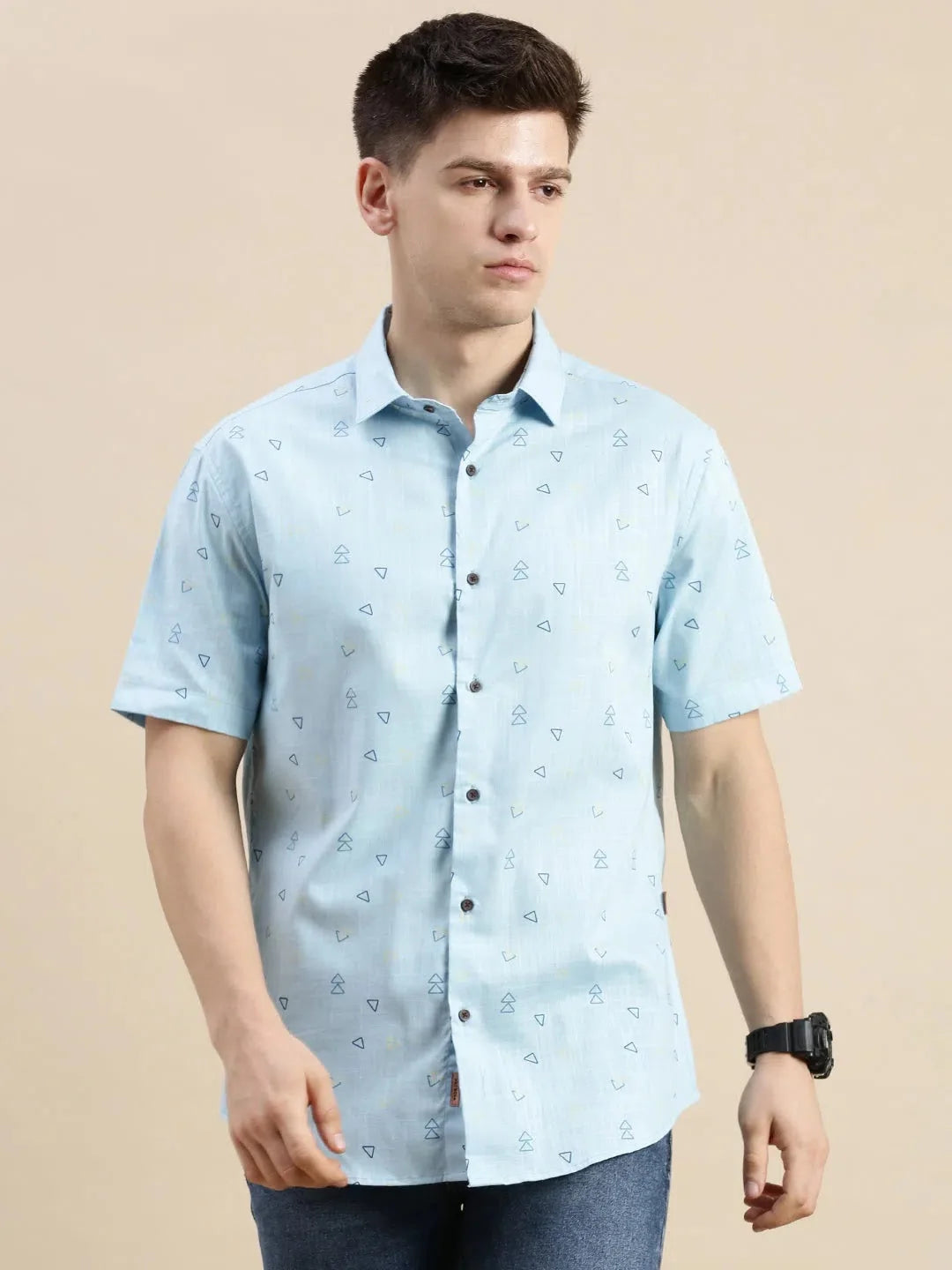 Blue Geometric Linen Shirt - Mens Printed Linen Shirt
