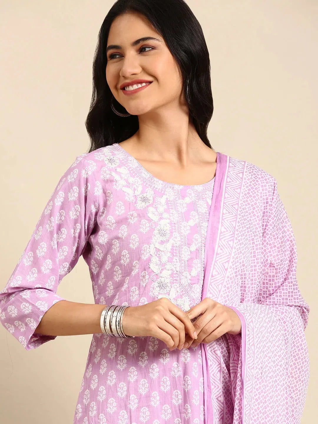 Lavender Printed Cotton Women's Kurta Set | Ethnic Motifs