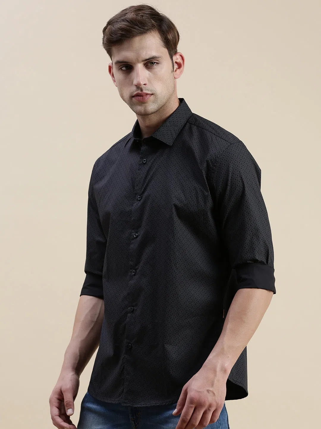 Black Geometric Mens Shirt | Trendy Cotton Printed Shirt
