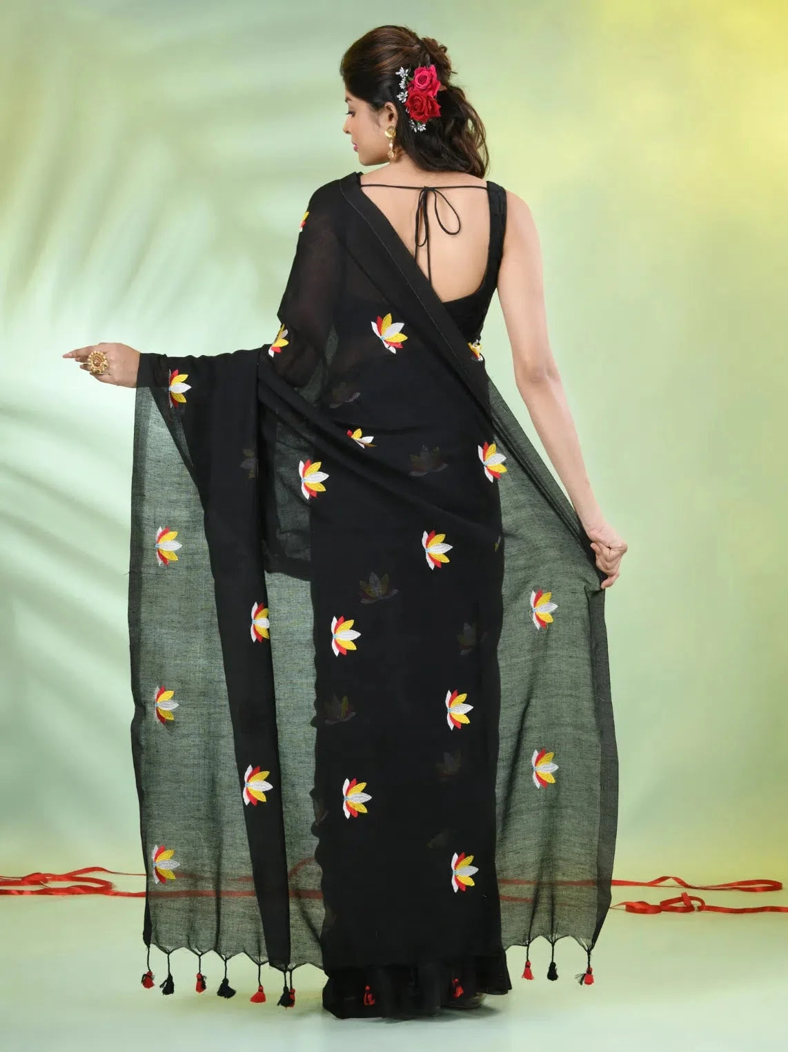 Black Embroidered Cotton Saree | Indian Sari Elegance
