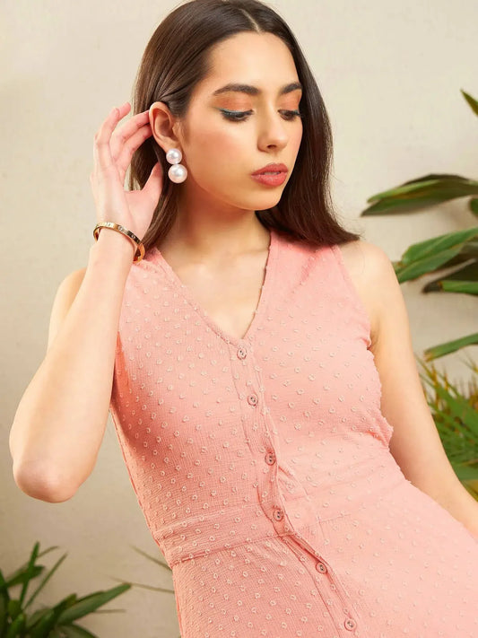 Women Peach Dobby Frill Hem Midi Dress 1200