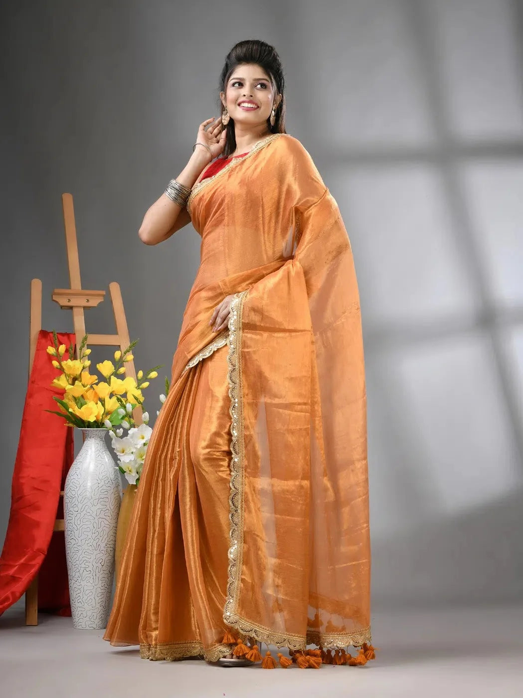 Yellow Cotton Tissue Saree with Gota Patti | Indian Sarees
