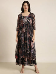 Women Black Printed Top & Palazzos Set Comes With Jacket-DW-5498-Black