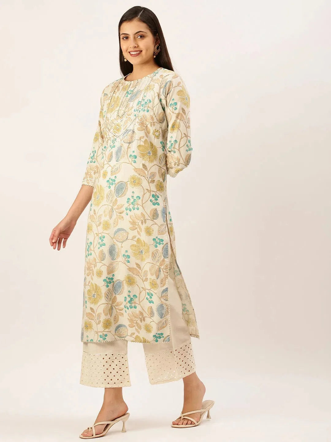 Off White Floral Kurta Set | Women's Cotton Kurta Sets