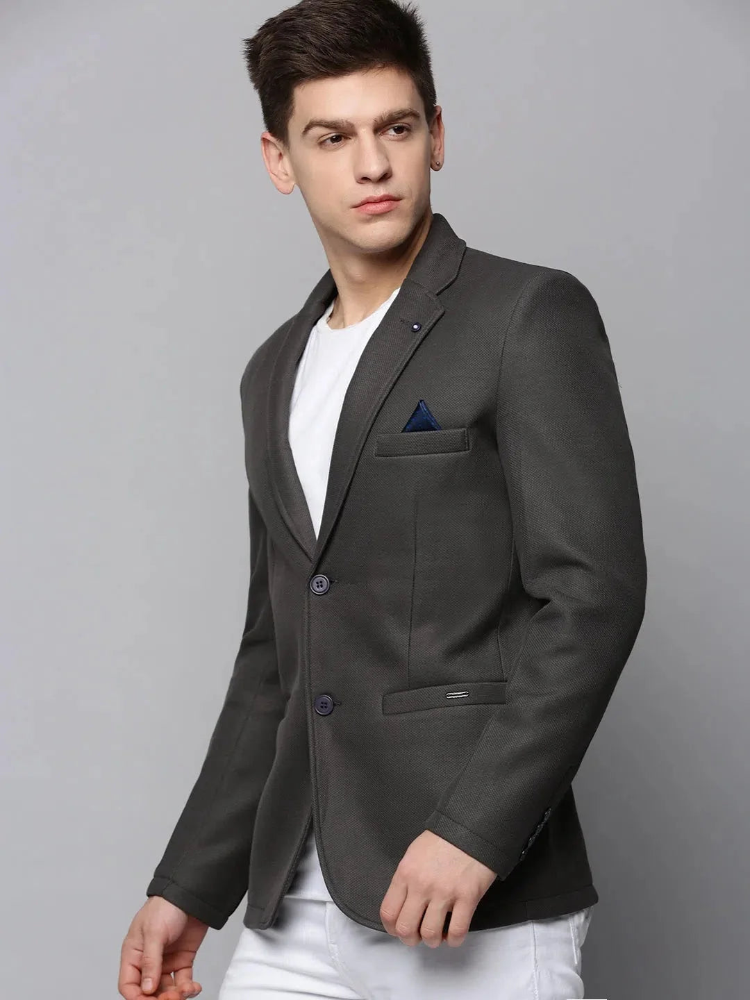 Grey Solid Cotton Blazer - Men's Ethnic Nehru Jacket by DesiQlo