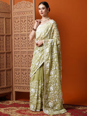 Women's Organza Green Embroidered Designer Saree With Blouse Piece-13KAVI1302