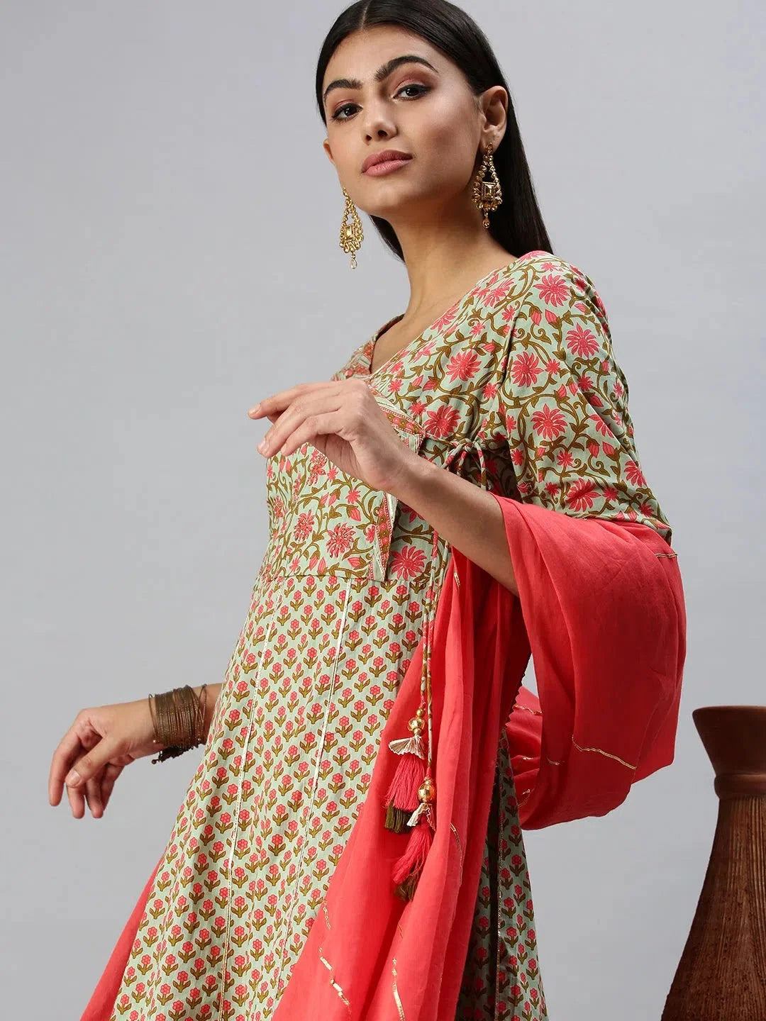 Green & Pink Printed Kurta Set | Women's Indian Cotton Sets