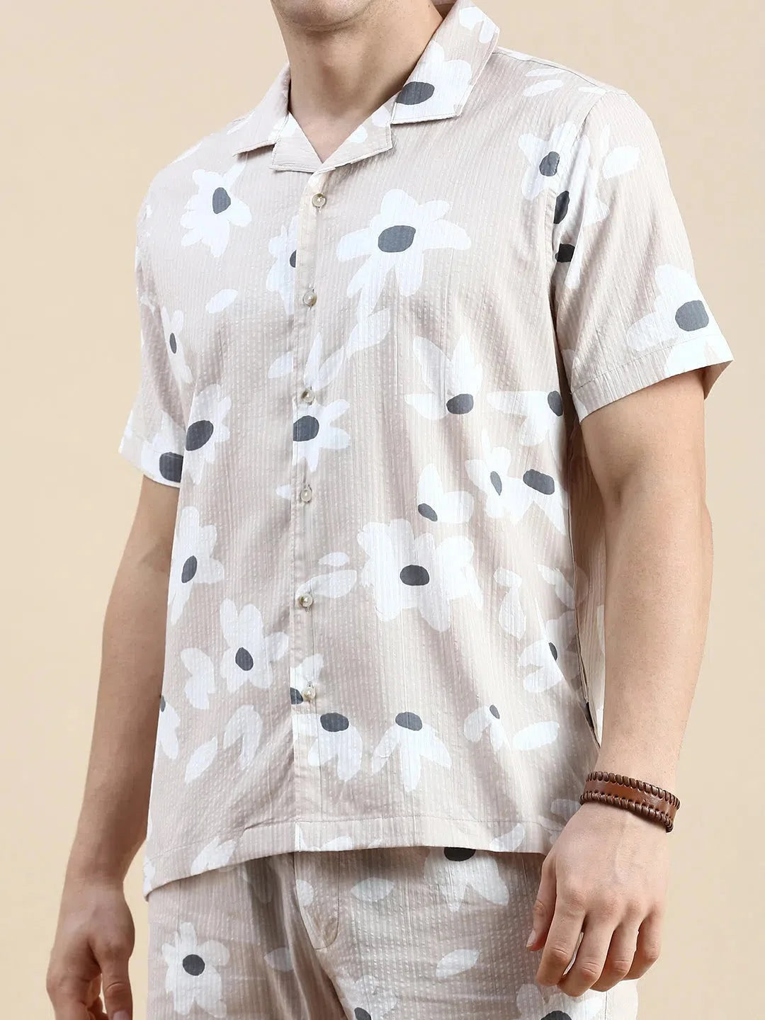 Mens Beige Printed Casual Co ord Set - Cotton Two Piece Sets