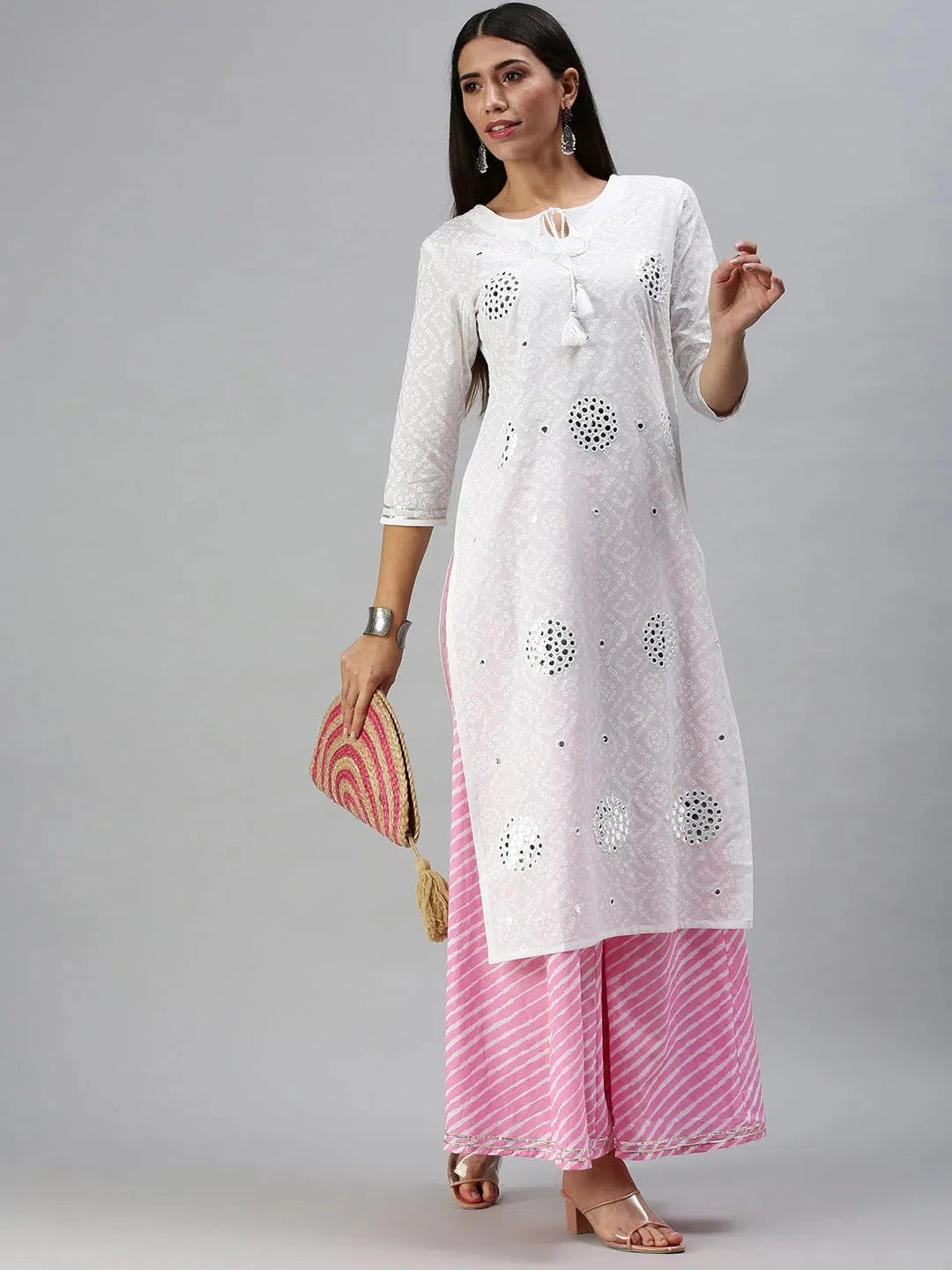 White & Pink Printed Women's Kurta Sets | Cotton Kurta Sets - Style 1