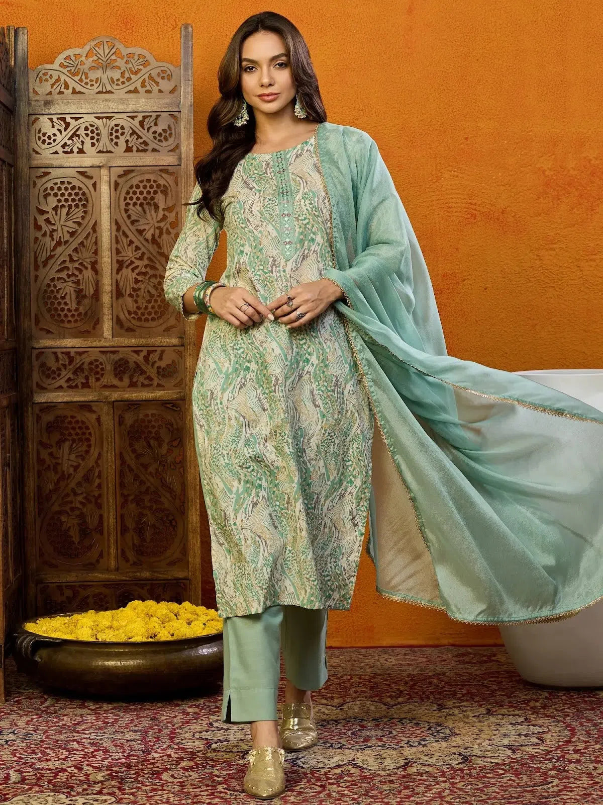 Cotton Abstract Green Indian Ethnic