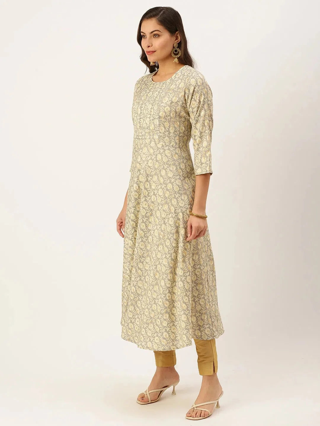 Grey Printed A-Line Kurtas for Women - Indian Kurta Online