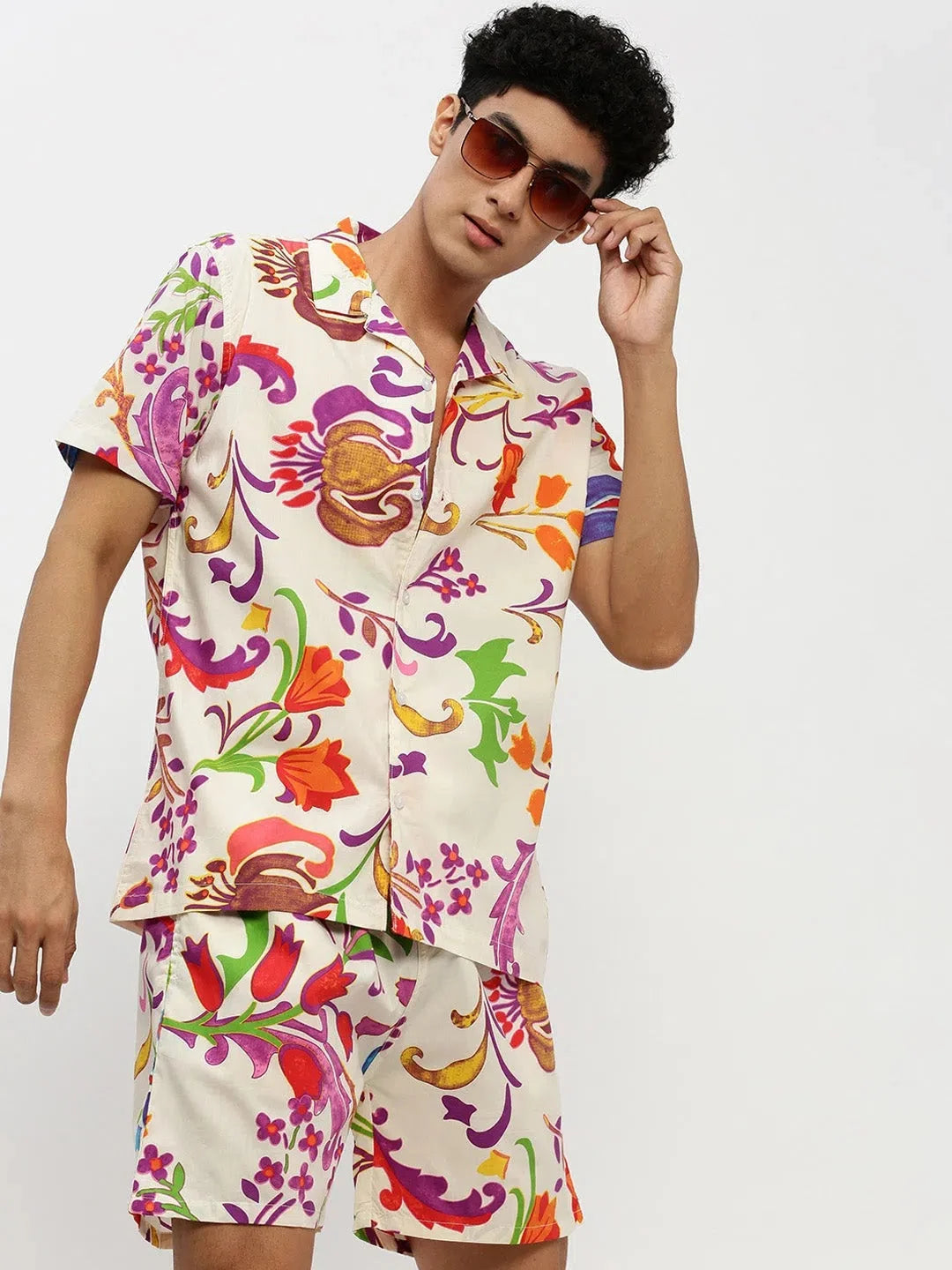 Men's Cream Printed Co ord Set | Casual Printed Co ord Set