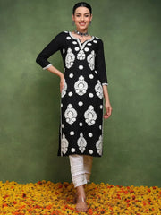 Women Black Viscose Rayon Solid Embroidered Straight Kurta