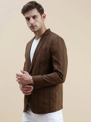 Men Brown Striped Casual Blazer-SOBLZ-022-7-Brown