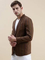 Men Brown Striped Casual Blazer-SOBLZ-022-7-Brown