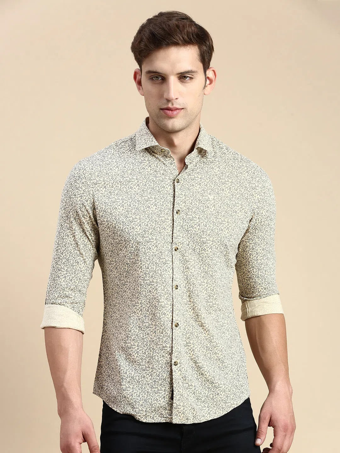 Beige Printed Mens Shirt | Cotton Casual Shirts DesiQlo