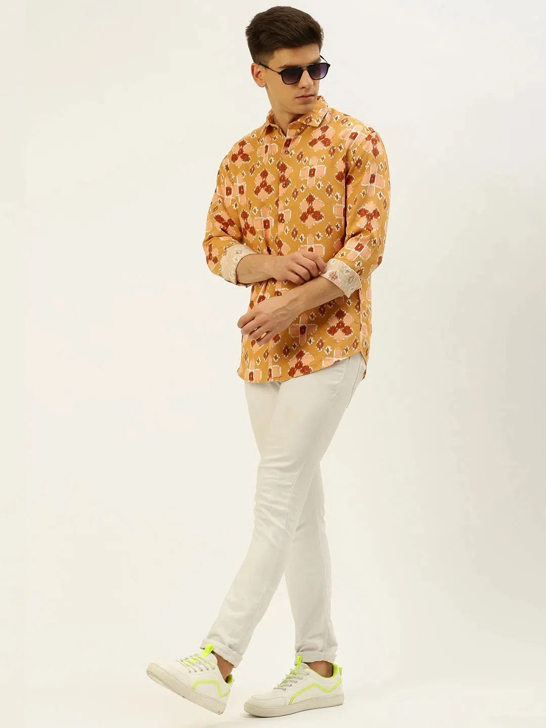 Yellow Printed Linen Shirt - Casual Mens Shirt | DesiQlo