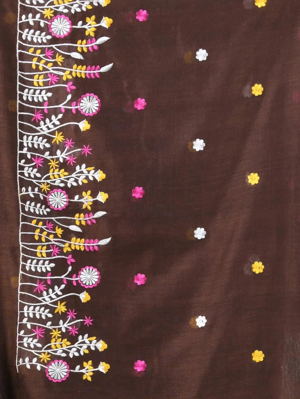 Brown Floral Embroidered Cotton Saree | Indian Sari