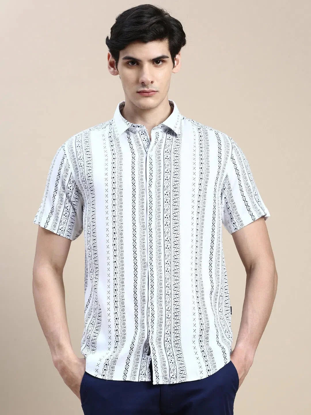 Mens White Printed Shirt - DesiQlo Cotton Shirt