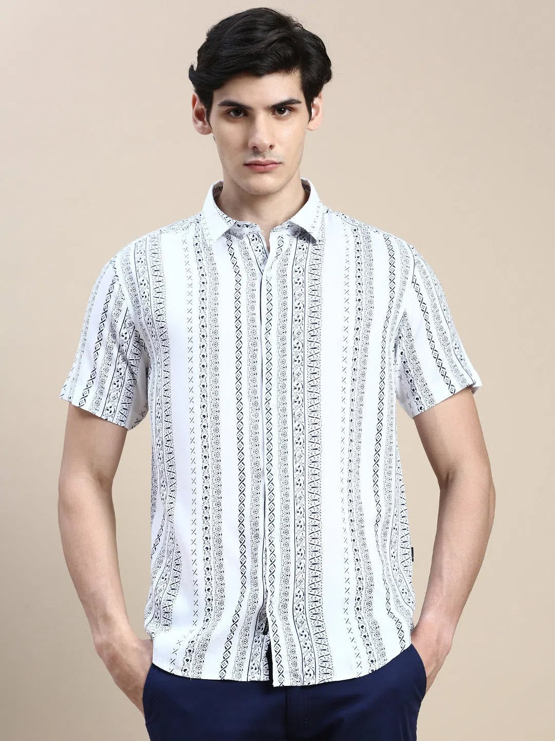 Mens White Printed Shirt - DesiQlo Cotton Shirt