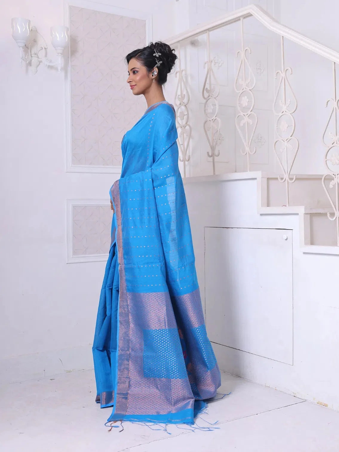 Sky Blue Cotton Saree with Zari | Ethnic Indian Sarees