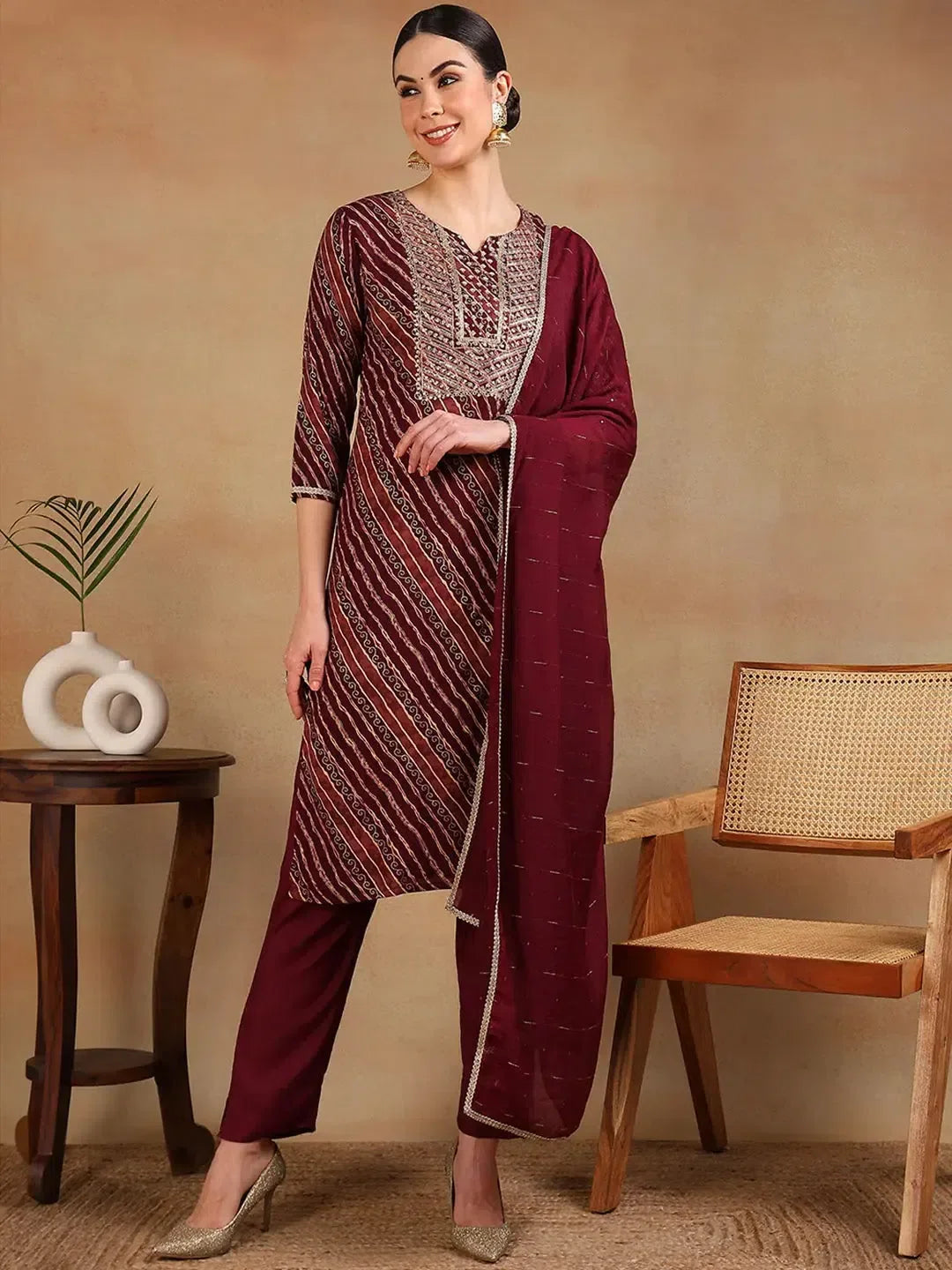 Maroon Cotton Embroidered Kurta Pant Set - Women's Kurta Sets