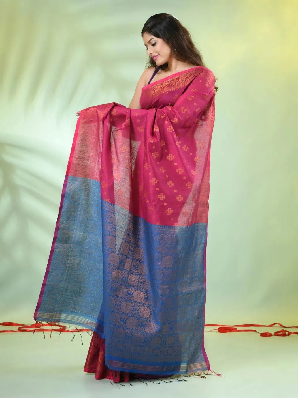 Shocking Pink Cotton Indian Sari with Zari