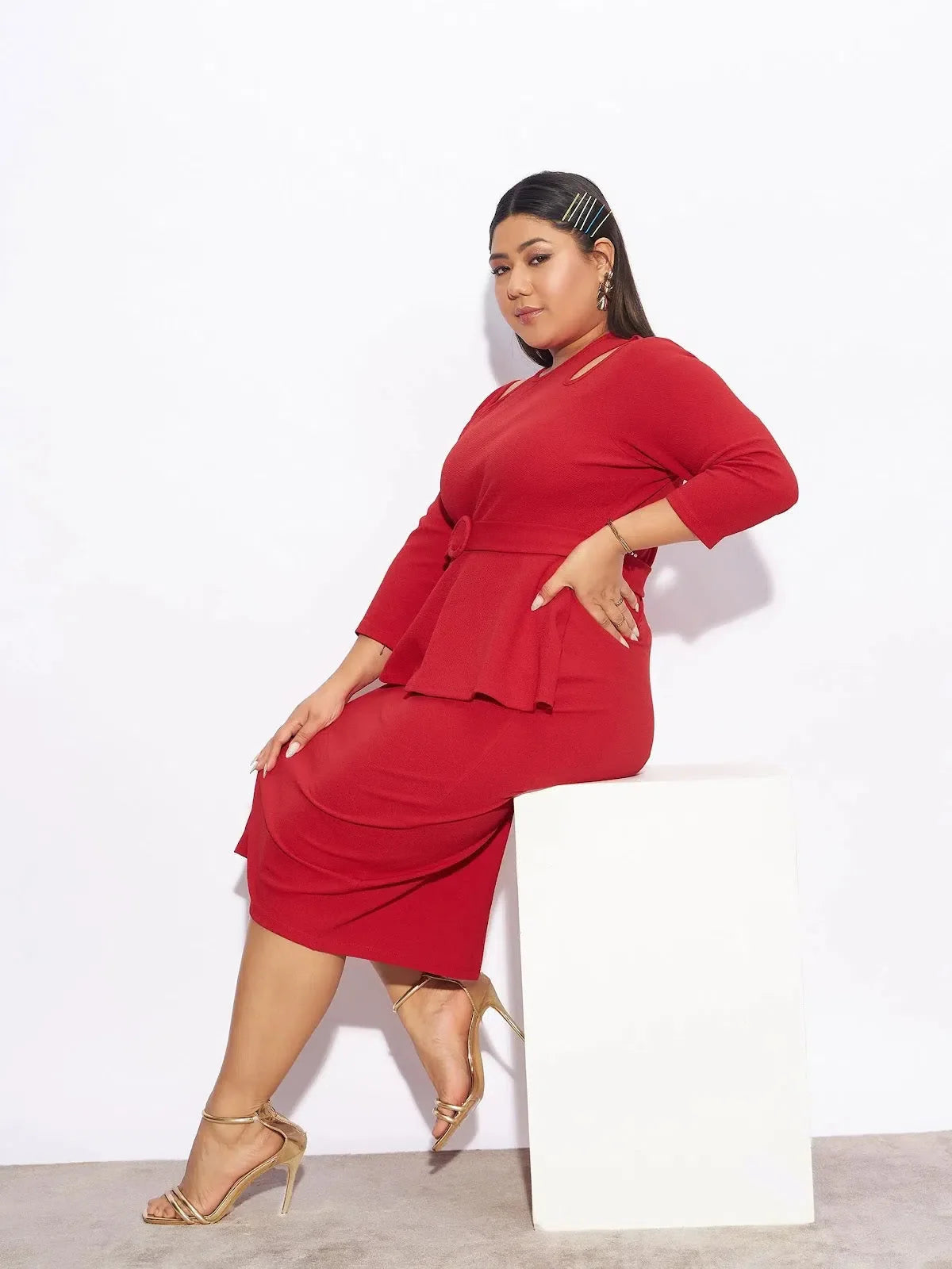 Red Peplum Bodycon Dress - Women's Designer Party Wear Dress
