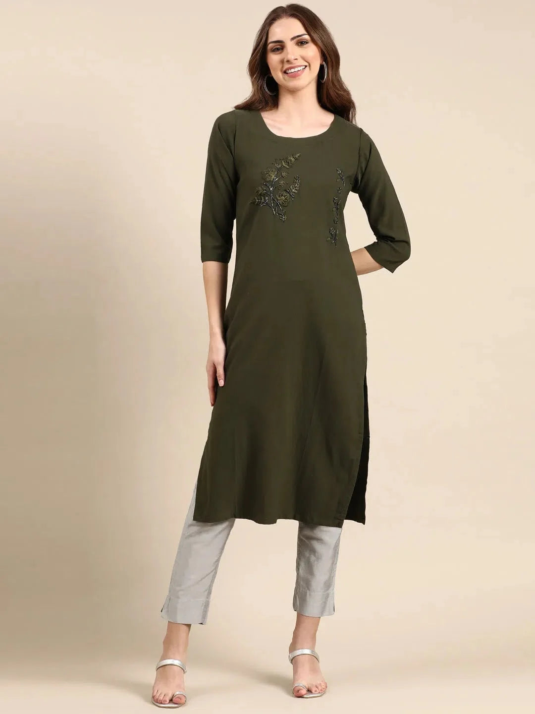 Women's Olive Embroidered Straight Kurta-DF-7063-Olive