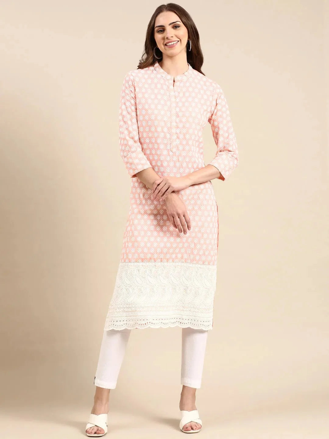 Women's Peach Embroidered Straight Kurta-UB-2596-Peach