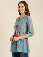 Women Teal Floral A-Line Kurti-DW-8745-Teal