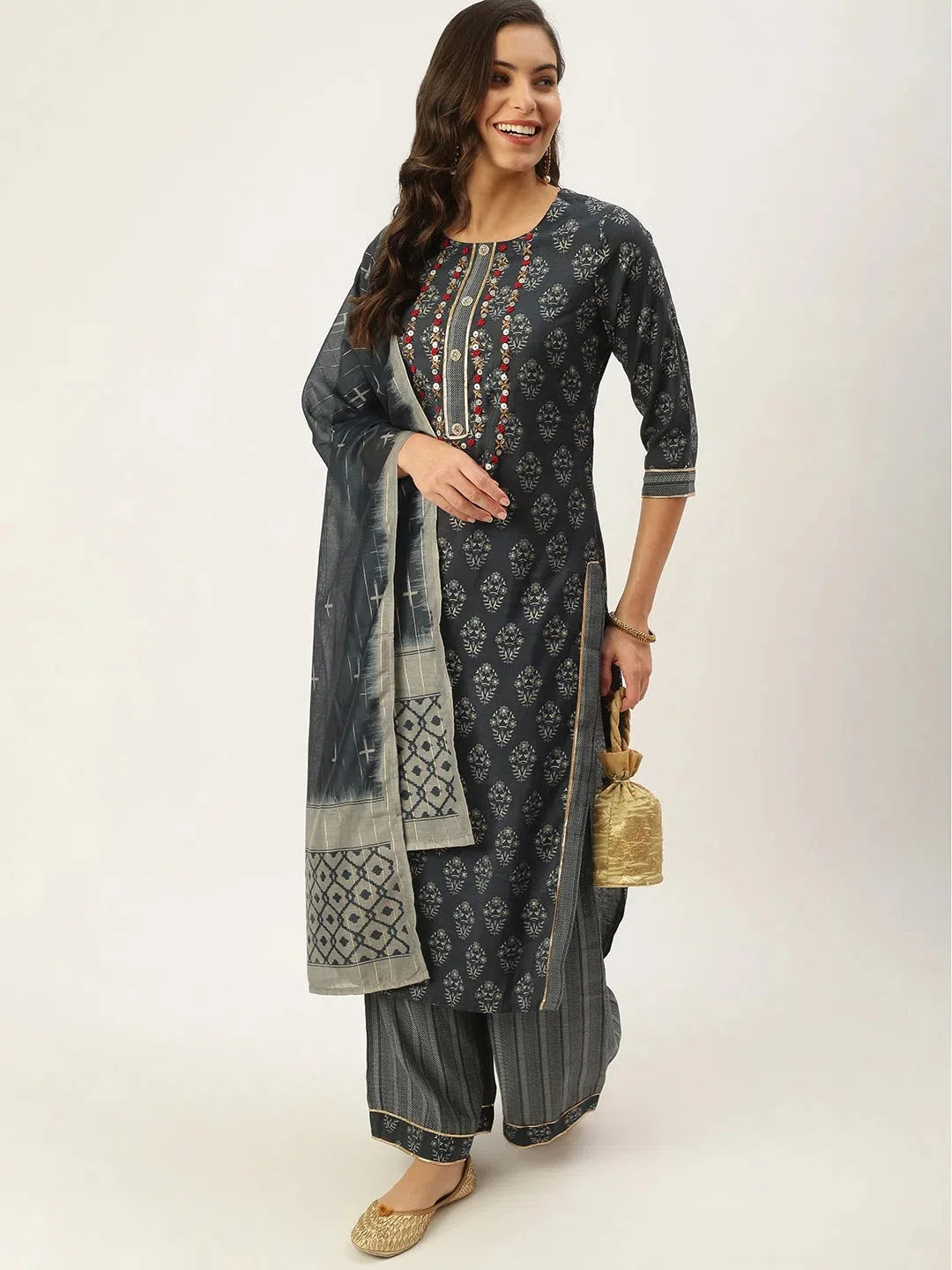 Navy Blue Floral Cotton Women's Kurta Sets | Showoff