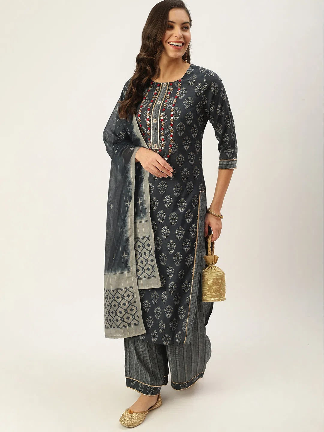 Navy Blue Floral Cotton Women's Kurta Sets | Showoff
