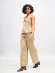 Women Beige Twill Front Zip Corset Top With Cargo Pants