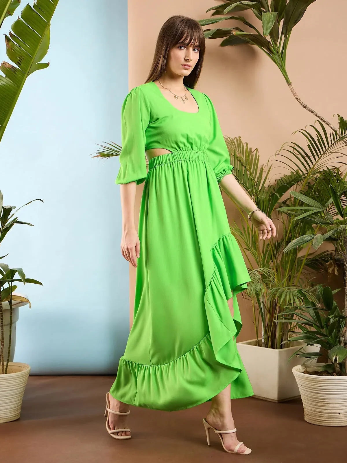 Green Ruffle Maxi Dress - Women's Flared Hem Fit & Flare