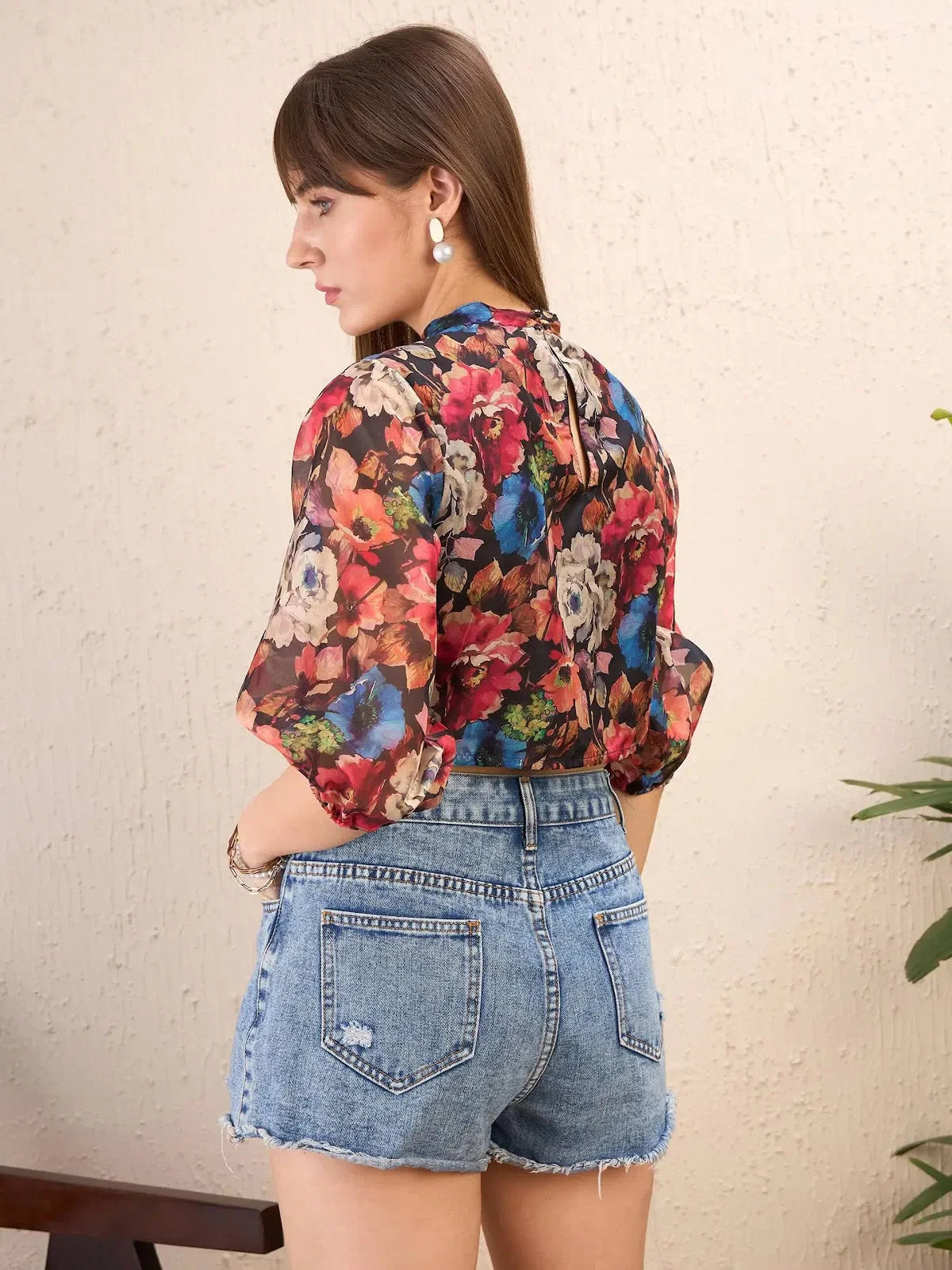 Black Organza Floral Boxy Top | Women's Shirts