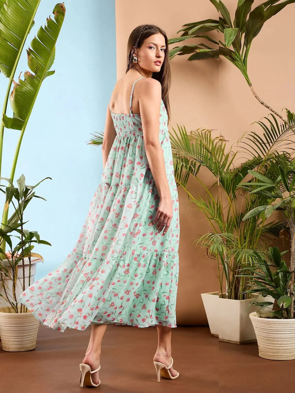 Green Floral Strappy Maxi Dress | Indian Dresses Online