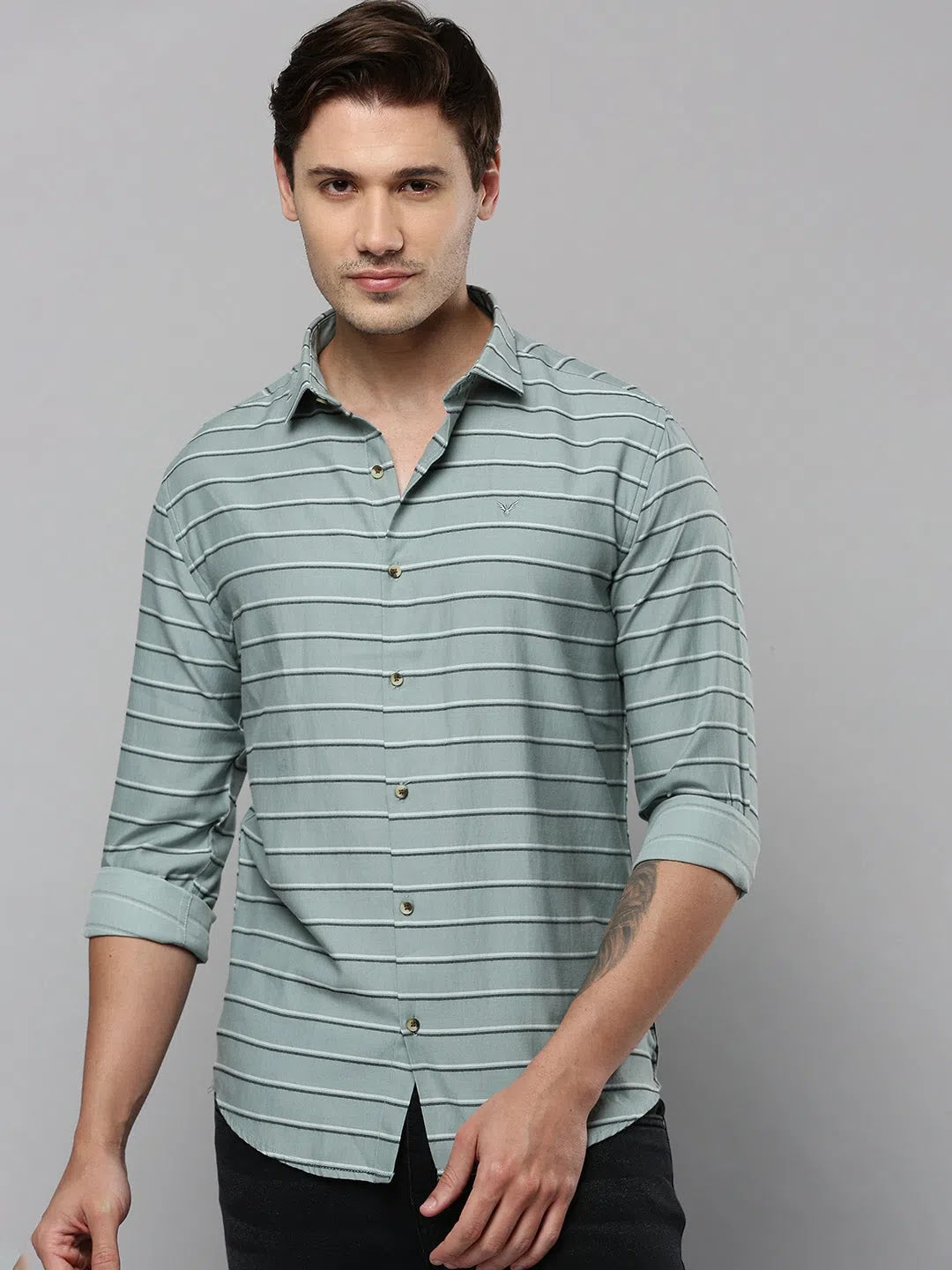 Green Striped Mens Shirt - Cotton Casual Shirt by DesiQlo
