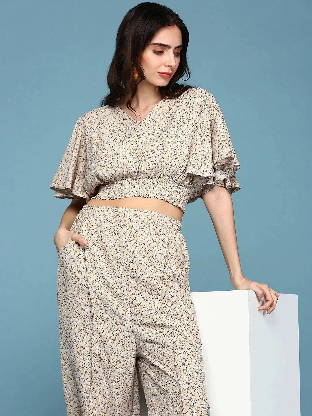 Beige Printed Co Ord Sets for Women | Viscose Beach Printed