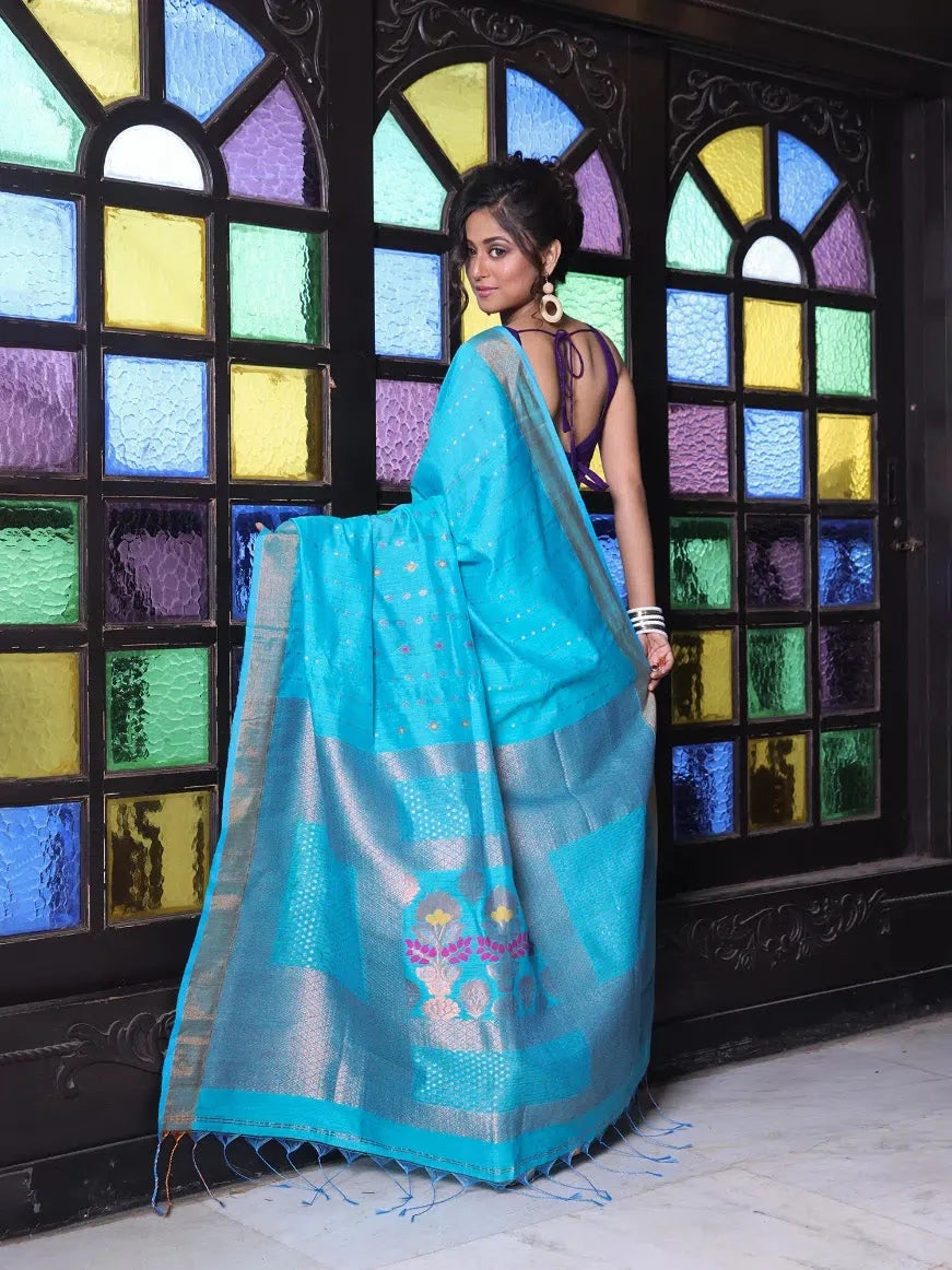 Sky Blue Cotton Saree with Zari - Indian Sarees