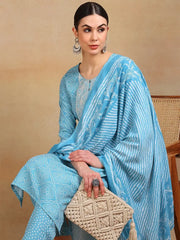 Women Blue Viscose Rayon Embroidered Straight Kurta Pant Set-VKSKD2183