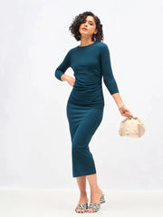 Women Teal Waist Ruched Bodycon Maxi Dress