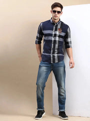 Men Navy Checked Casual Shirt-TIGER-0618-Navyblue