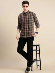 Men Brown Checked Casual Shirt-GROVER-1108-Brown