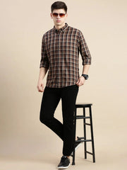 Men Brown Checked Casual Shirt-GROVER-1108-Brown